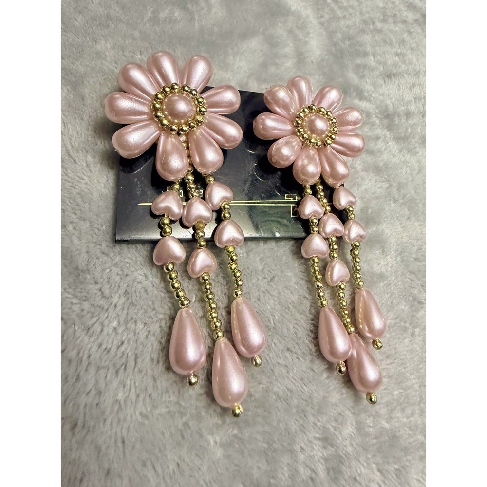 Pink Floral Chandelier Earrings Statement Dangle Faux Pearl Gold Tone Coquette